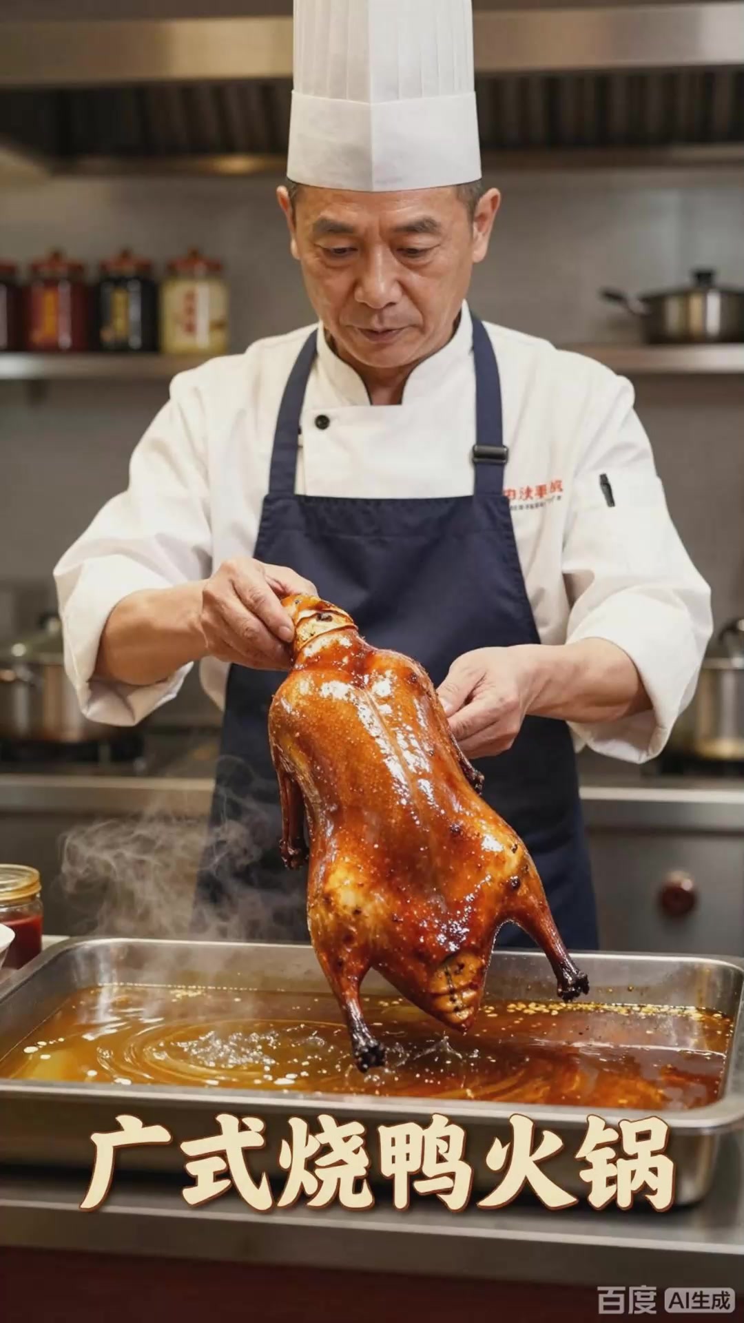 广式烧鸭火锅：烧鸭皮脆，清汤锅底粤式特色