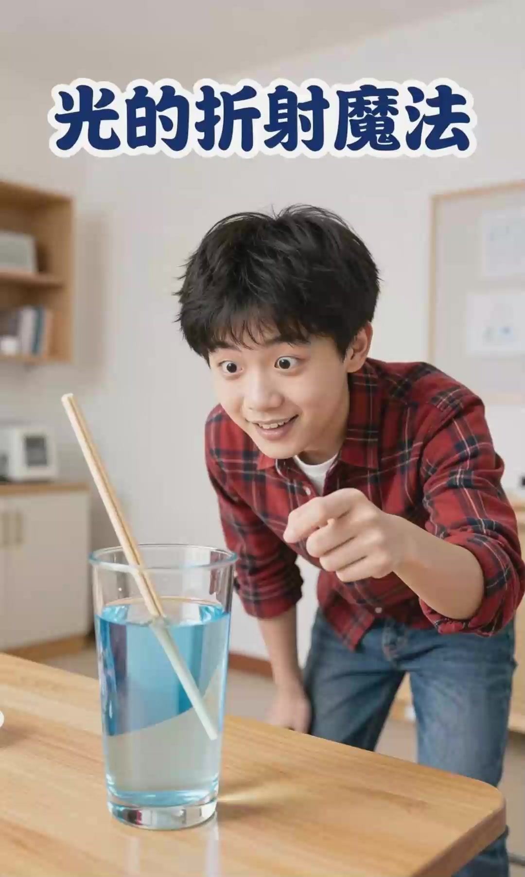 光的折射魔法：筷子在水杯中变弯了。