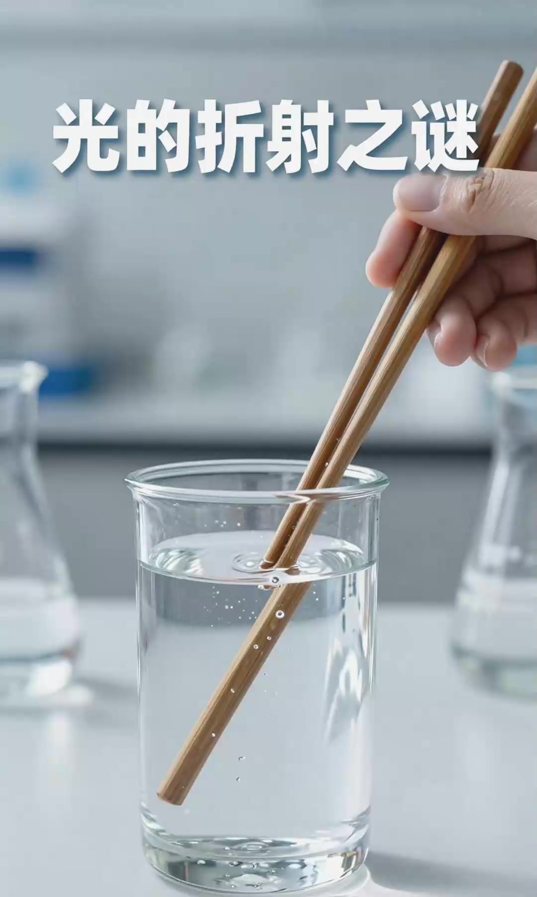 光的折射实验，水中筷子看起来折断。