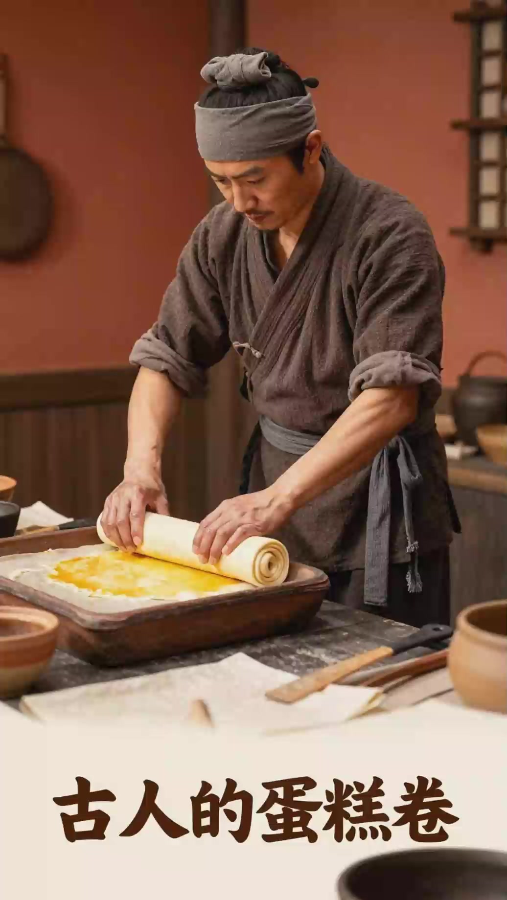 古代没有烤盘咋做蛋糕卷?用长方形烤盘铺油纸!