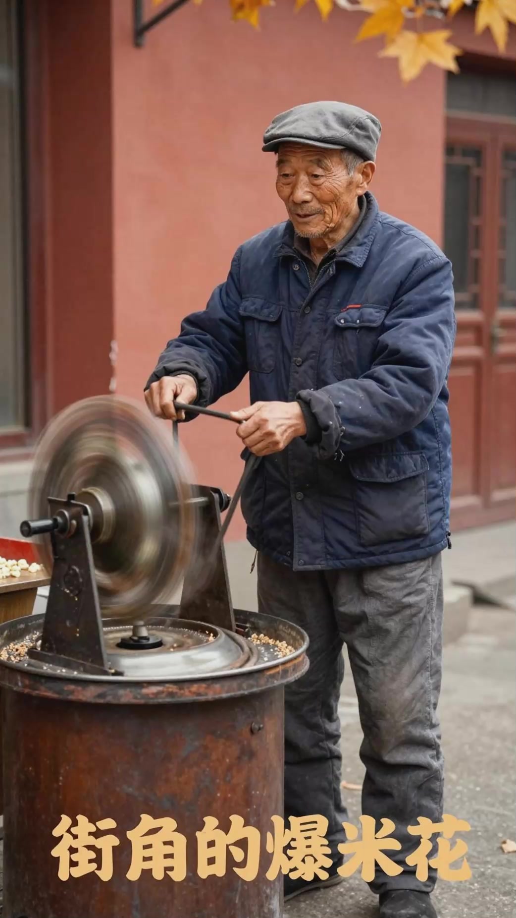 转动老式手摇爆米花机:压力罐旋转的嘎!