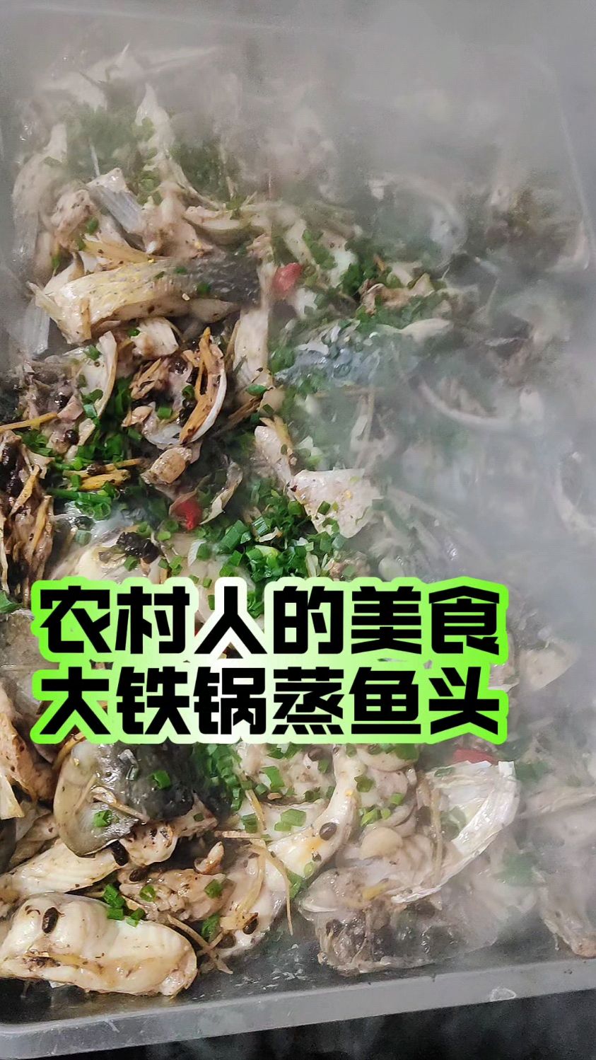 农村人的家常菜,柴火大铁蒸炖鱼头