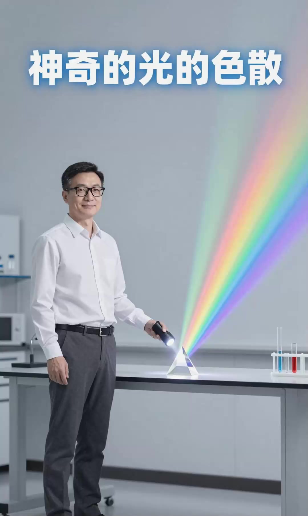 科学实验:用手电筒照射三棱镜,墙上出现七色光谱