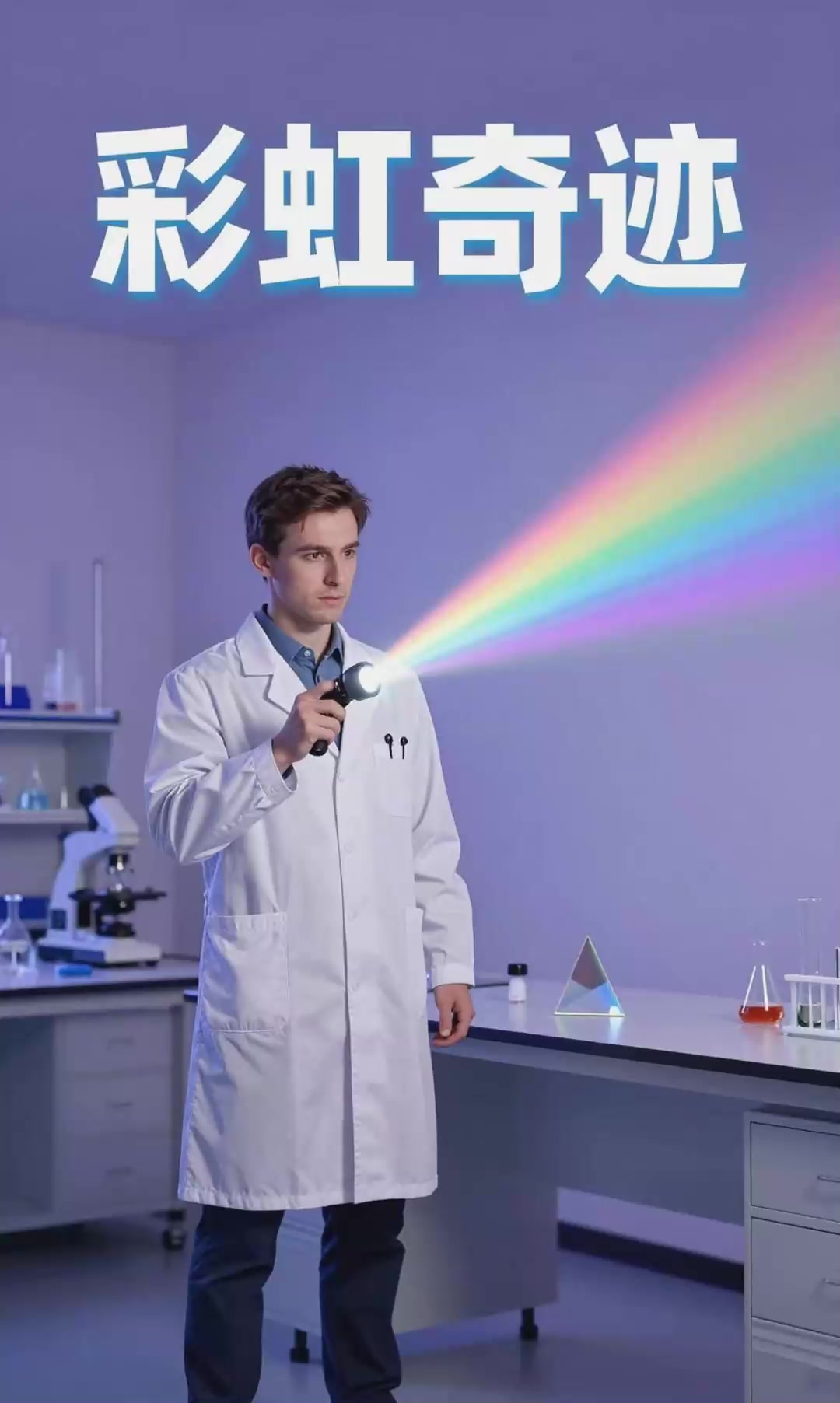 科学实验:用手电筒照射三棱镜,墙上出现彩虹