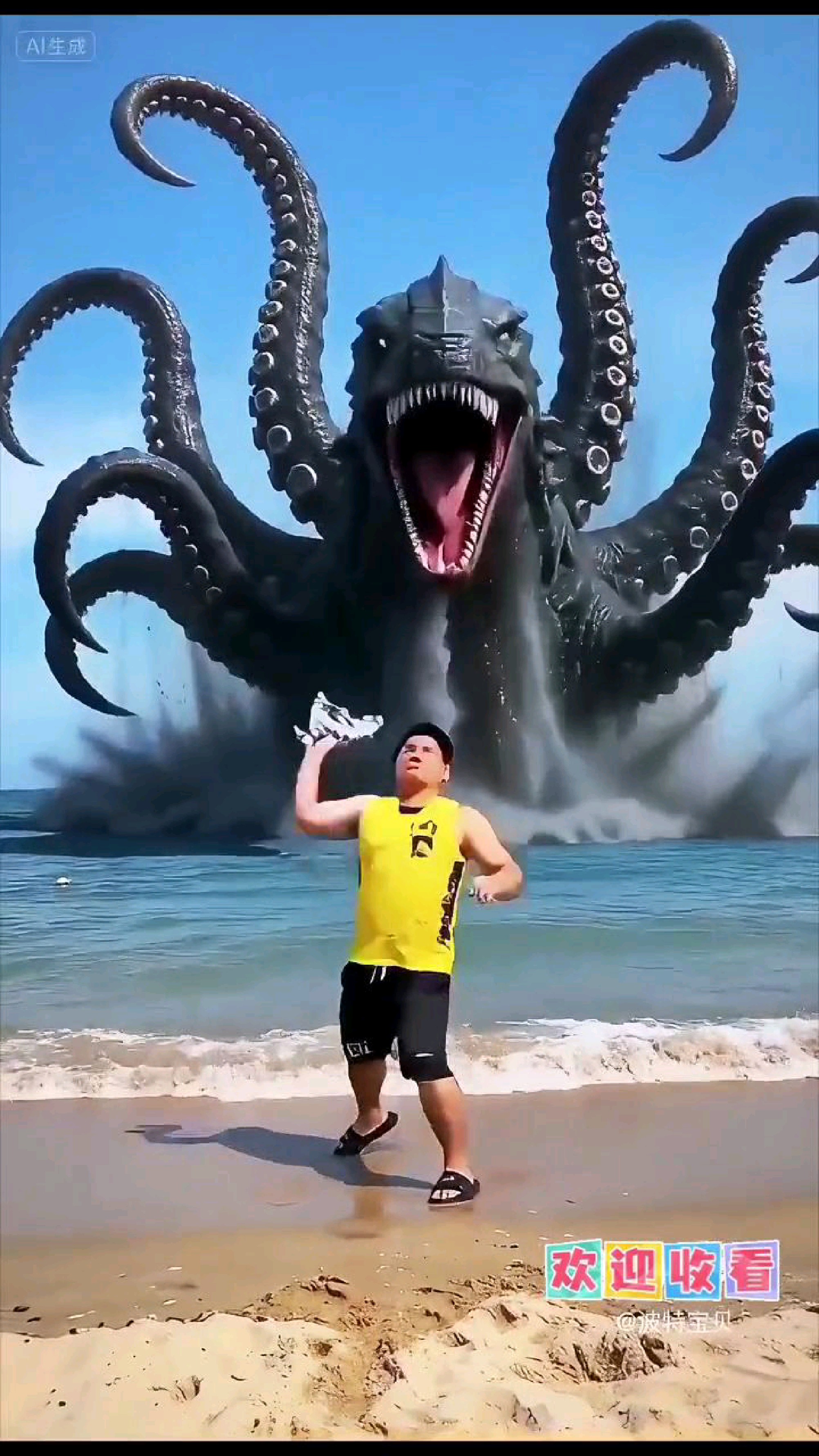 海边捡到机甲恐龙,章鱼海怪突袭,恐龙巨大化喷火喷雾秒杀海怪