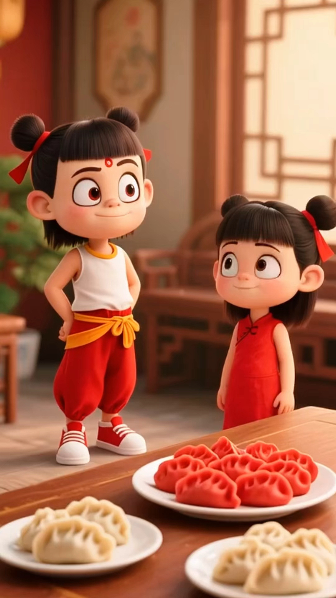 哥哥和妹妹吃饺子