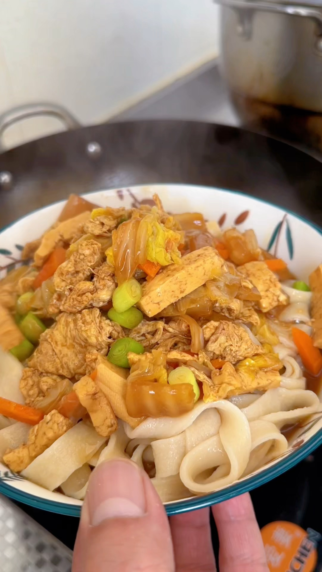 鸡蛋白菜豆腐胡萝卜蒜苗捋面条