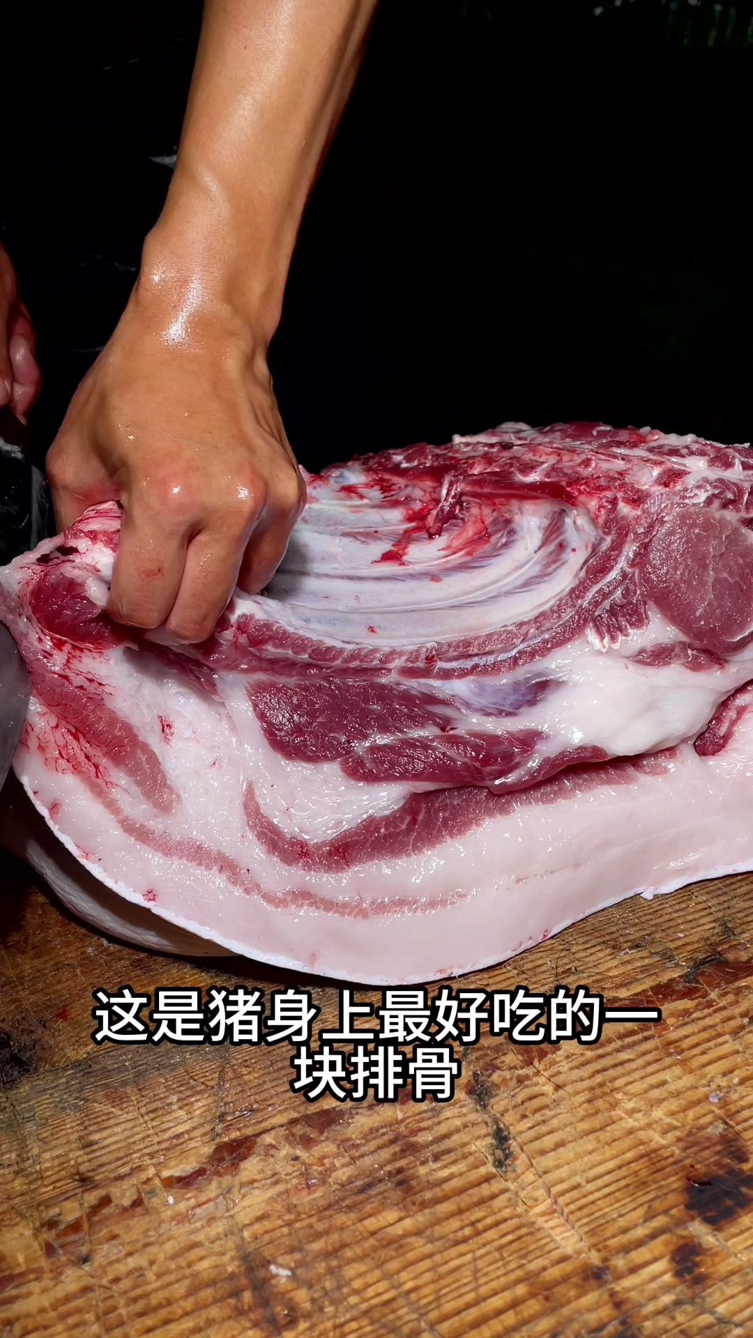 这是土猪身上最好吃的一块排骨,这块排骨在土猪的前腿上