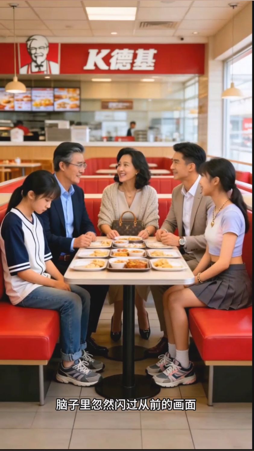 一家人去吃炸鸡汉堡薯条
