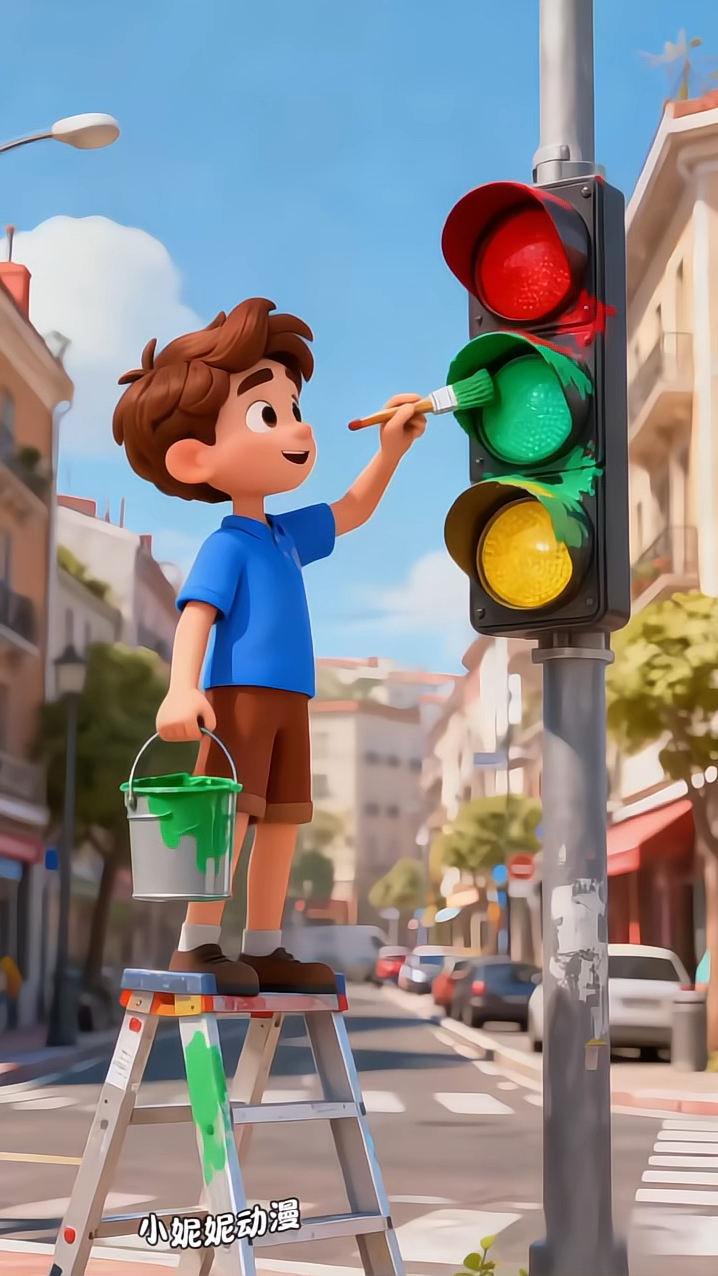 小男孩把红绿色涂上了颜色