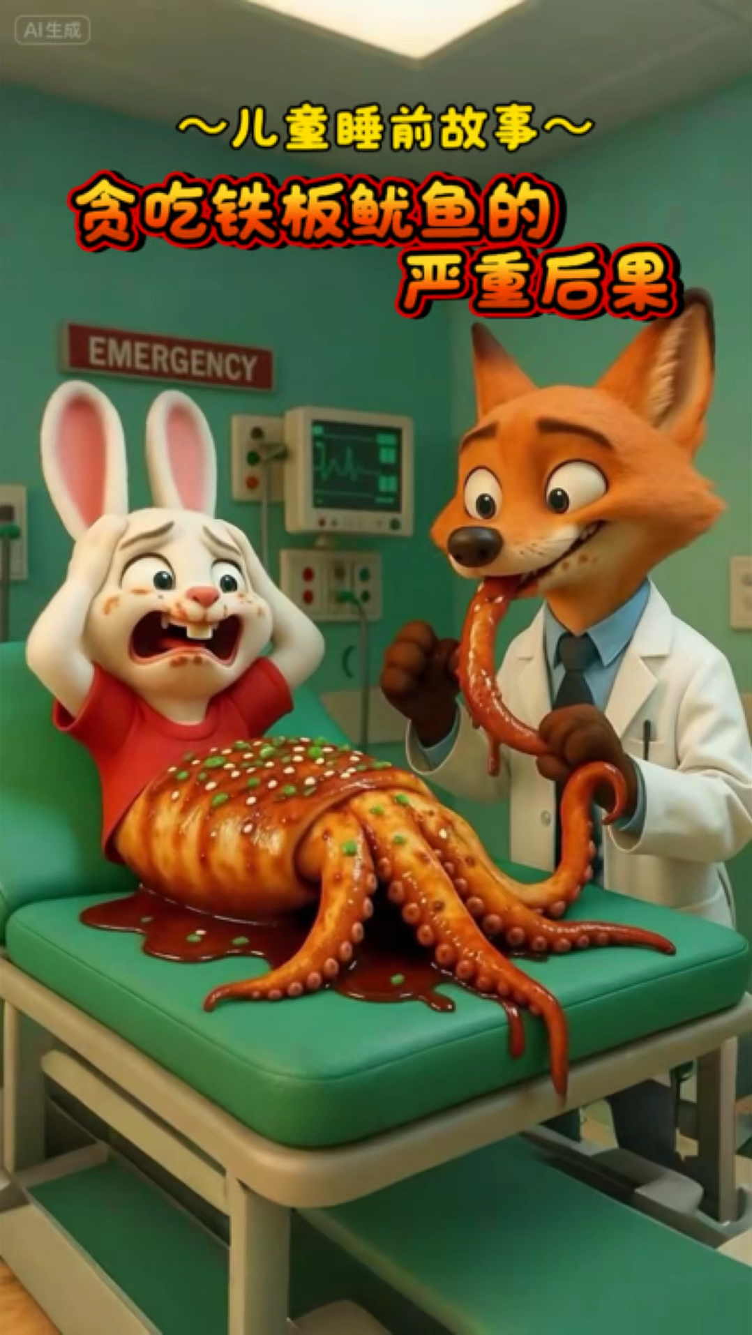 儿童睡前故事《贪吃铁板鱿鱼的严重后果》