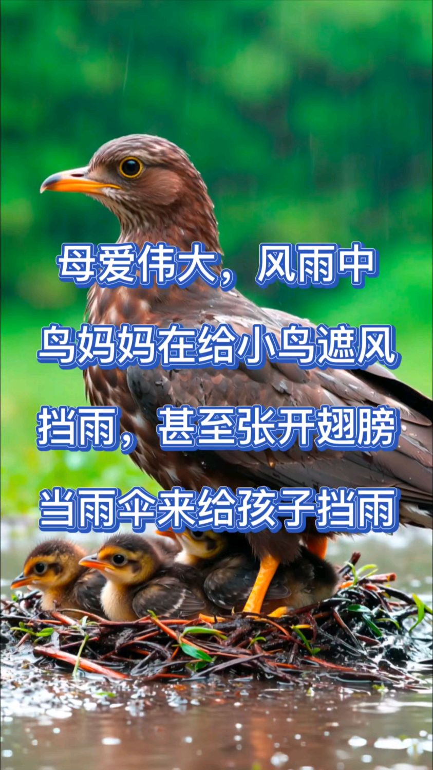 风雨中鸟妈妈在给小鸟遮风挡雨,甚至张开翅膀当雨伞来给孩子挡雨