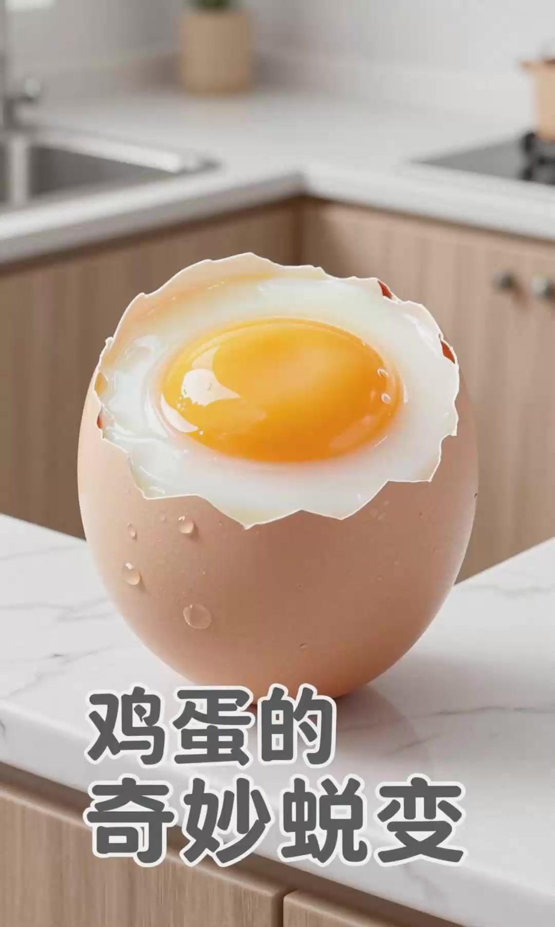 鸡蛋的煮熟变化:蛋白质变性,透明蛋清变白凝固。