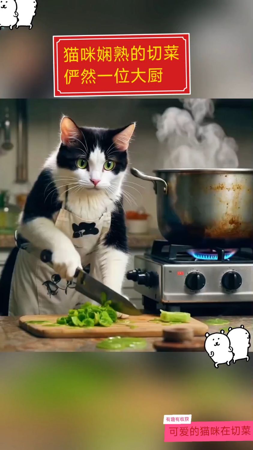 猫咪切菜动作娴熟,专业,连续,快,有节奏,俨然一个大厨在切菜