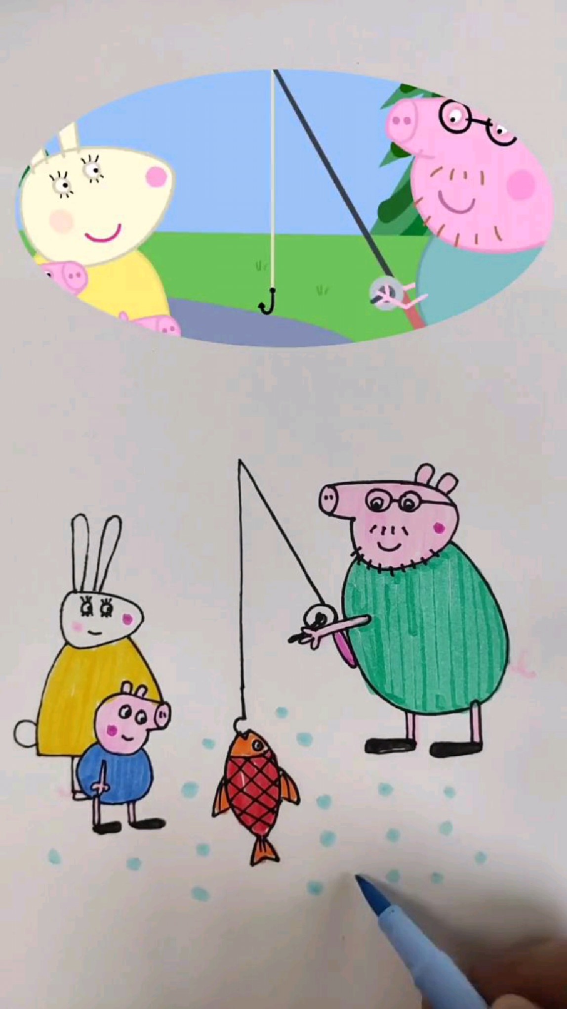 猪爸爸钓鱼简笔画
