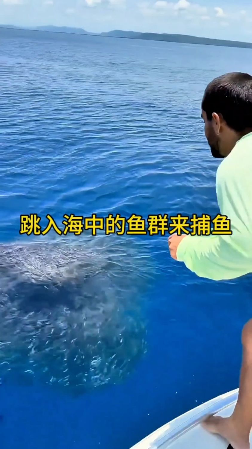 国外小伙儿跳入大海鱼群中，用身上穿的衣服来捕鱼！