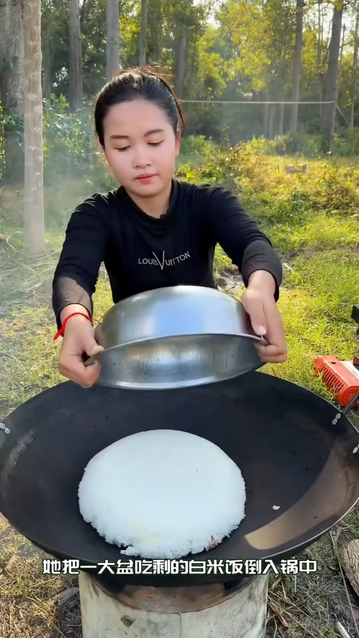 女人做了一锅什锦蛋炒饭,好吃得不得了。