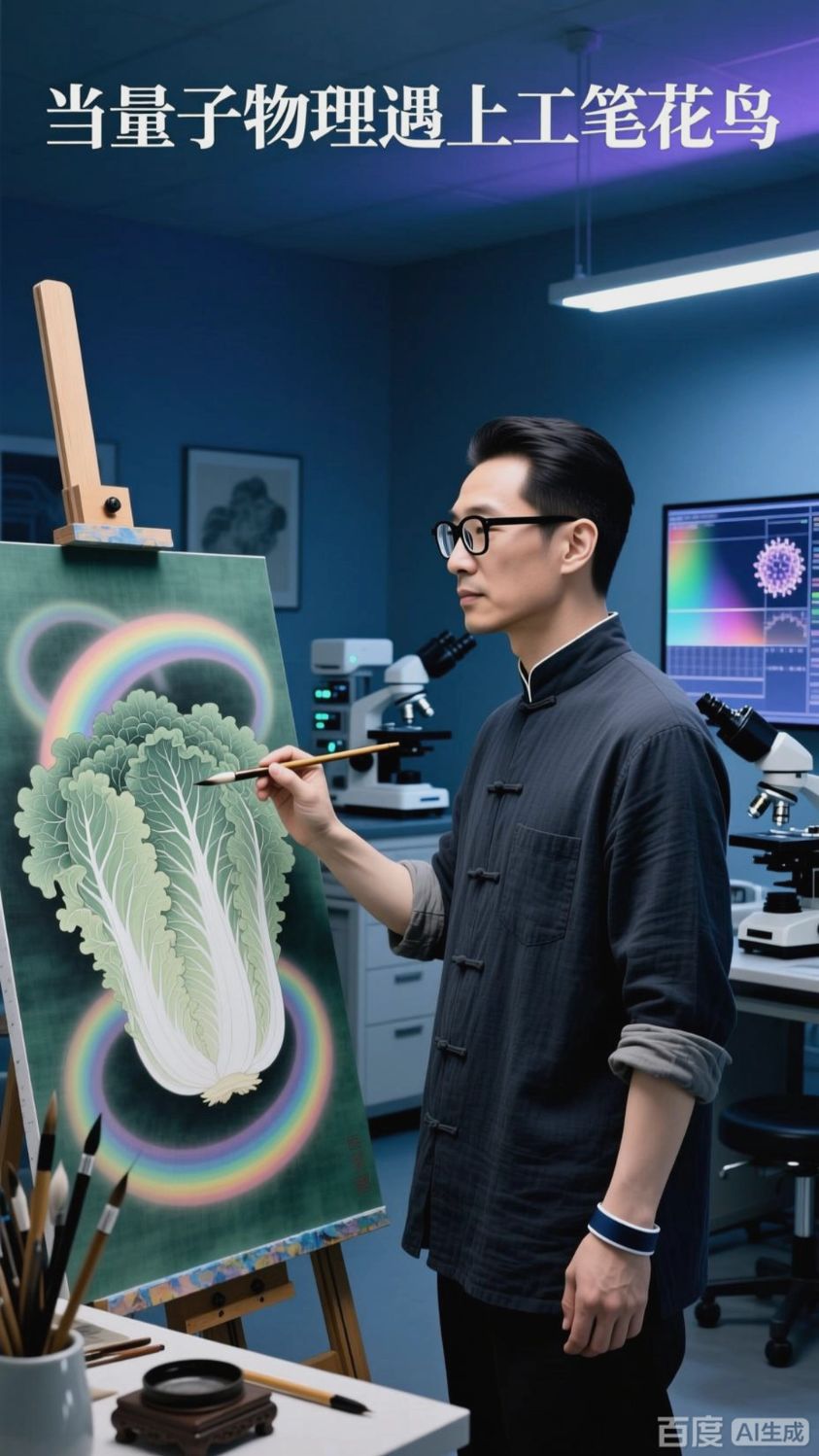 蔡元通高维量子写实工笔花鸟画《大白菜》创作全流程