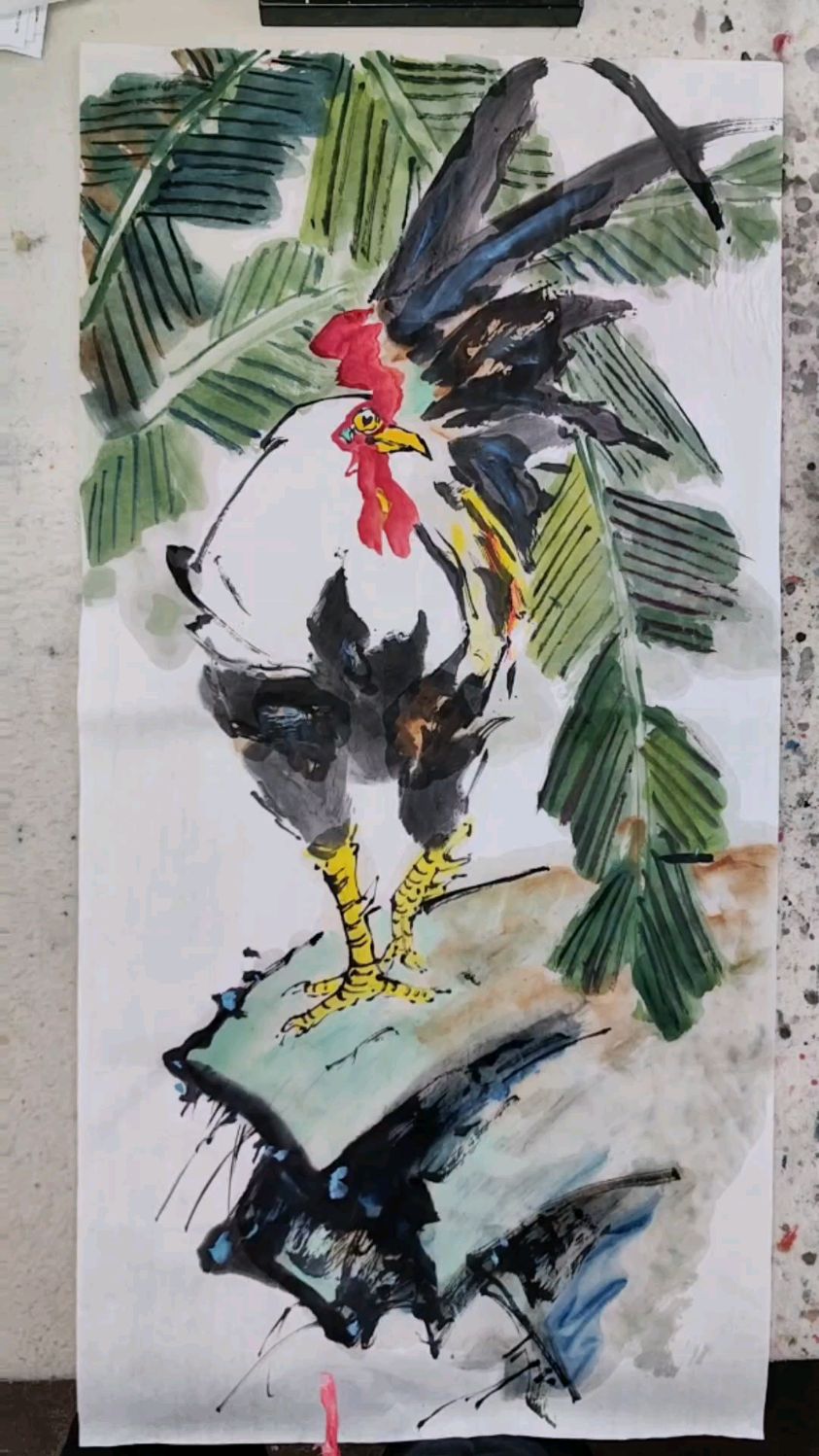 《气宇轩昂》大公鸡与芭蕉叶组合国画