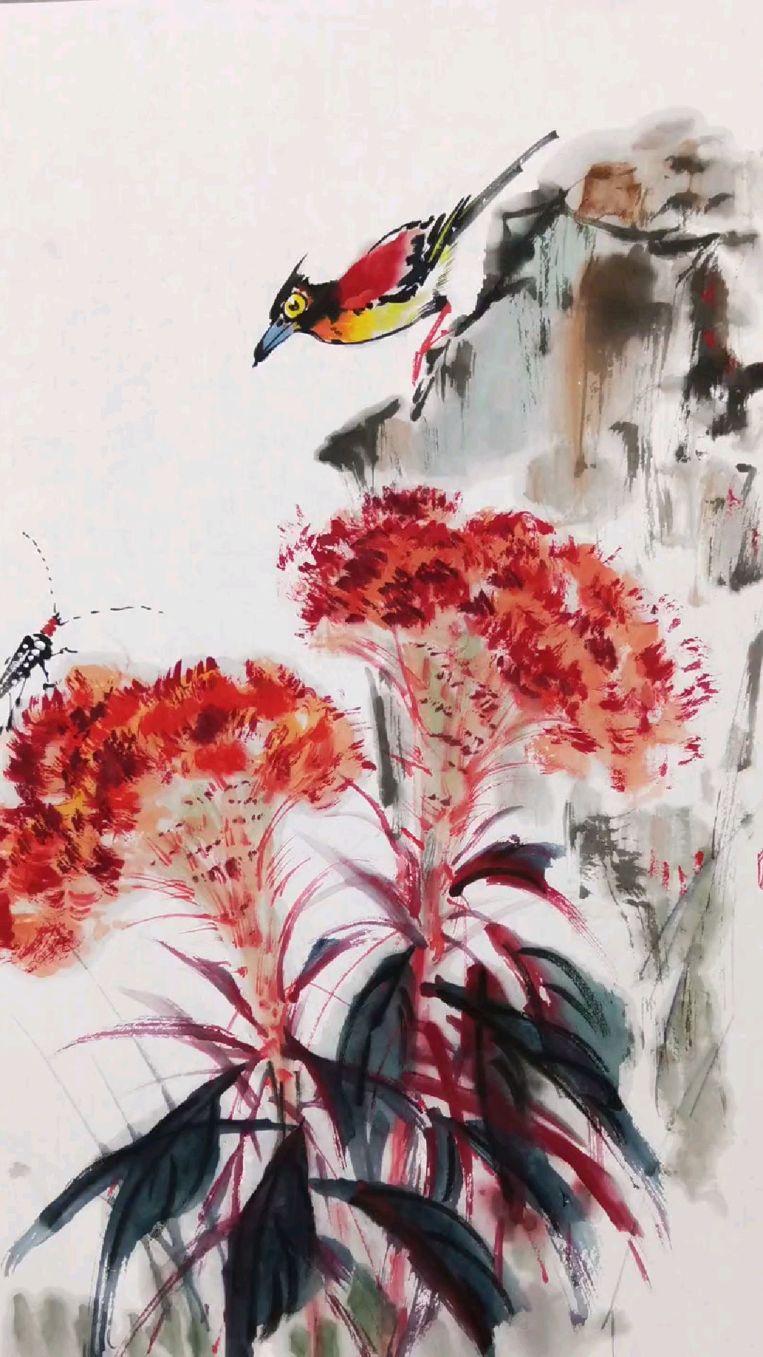胡玉德老师创作《墙东鸡冠树,倾艳为高红》鸡冠花与小鸟组合国画