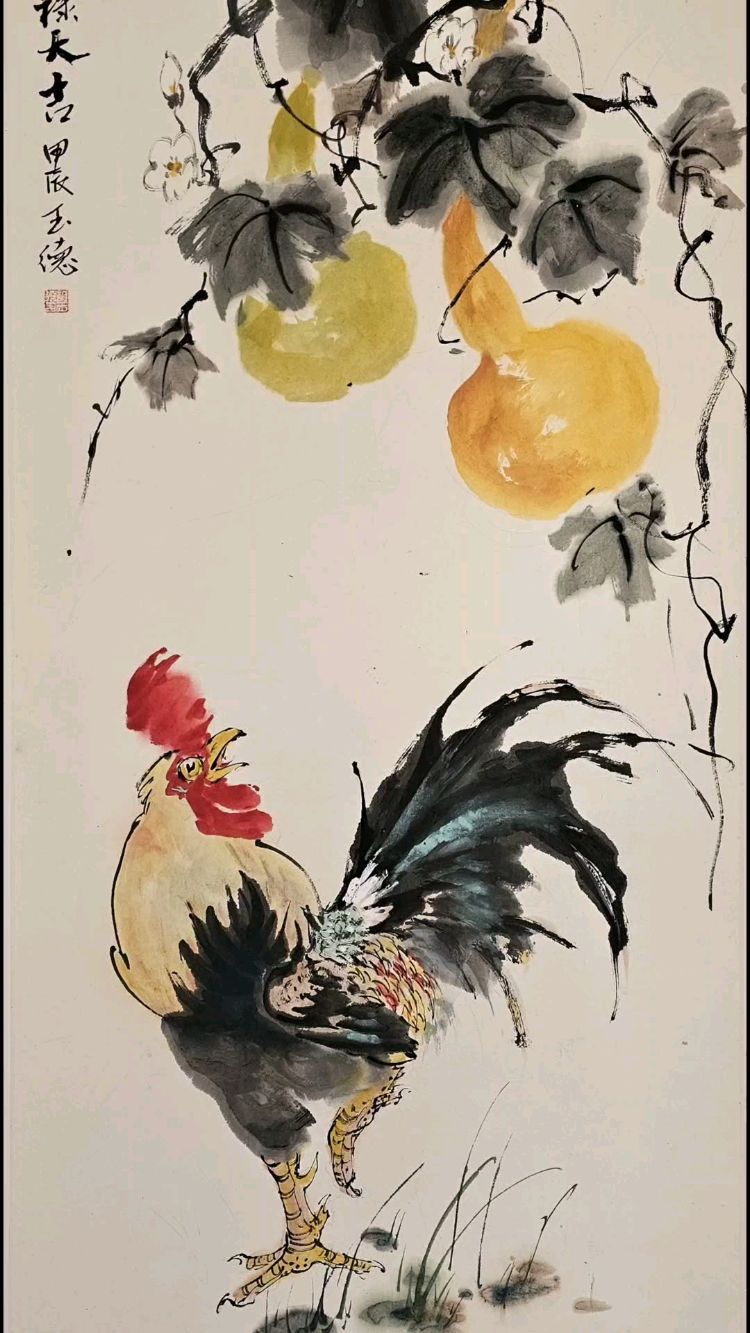 胡玉德老师创作《福禄双全》大公鸡芭蕉叶葫芦组合国画小写意作品