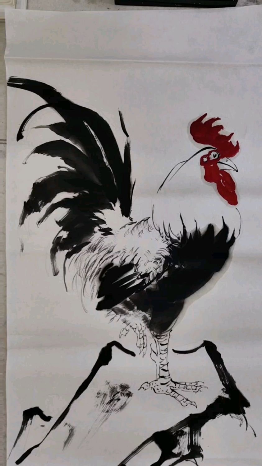 《金鸡独立》九斤黄大公鸡国画墨稿竖式构图气宇轩昂