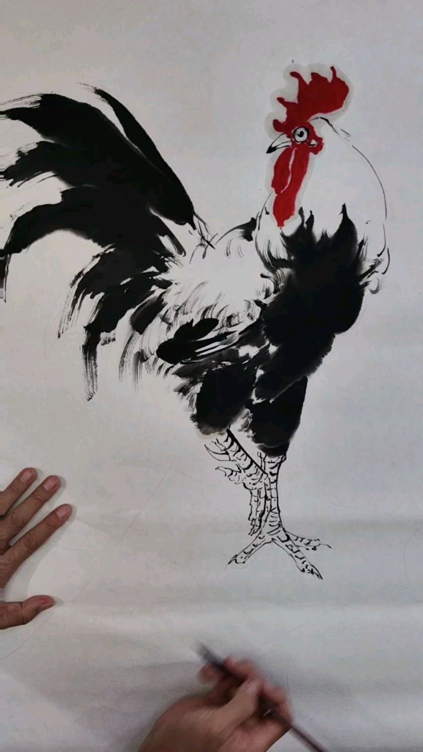 《金鸡独立》大公鸡站立动态国画墨稿刻画出气宇轩昂的气质