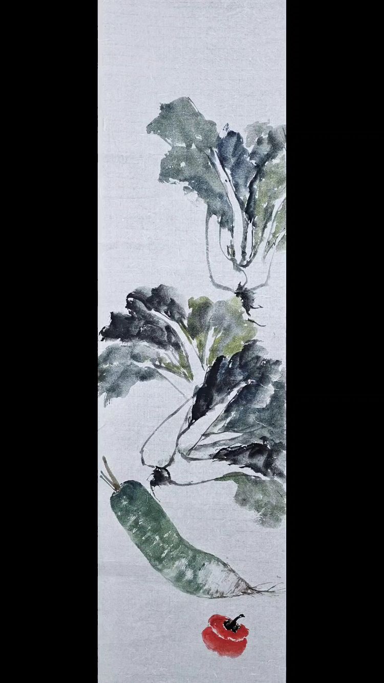 《一世清白》柿子青萝卜与三棵白菜组合国画小写意作品