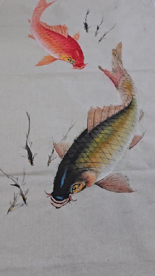 《年年有余》黑鲤鱼与红鲤鱼及小鲦鱼组合国画小写意作品初稿