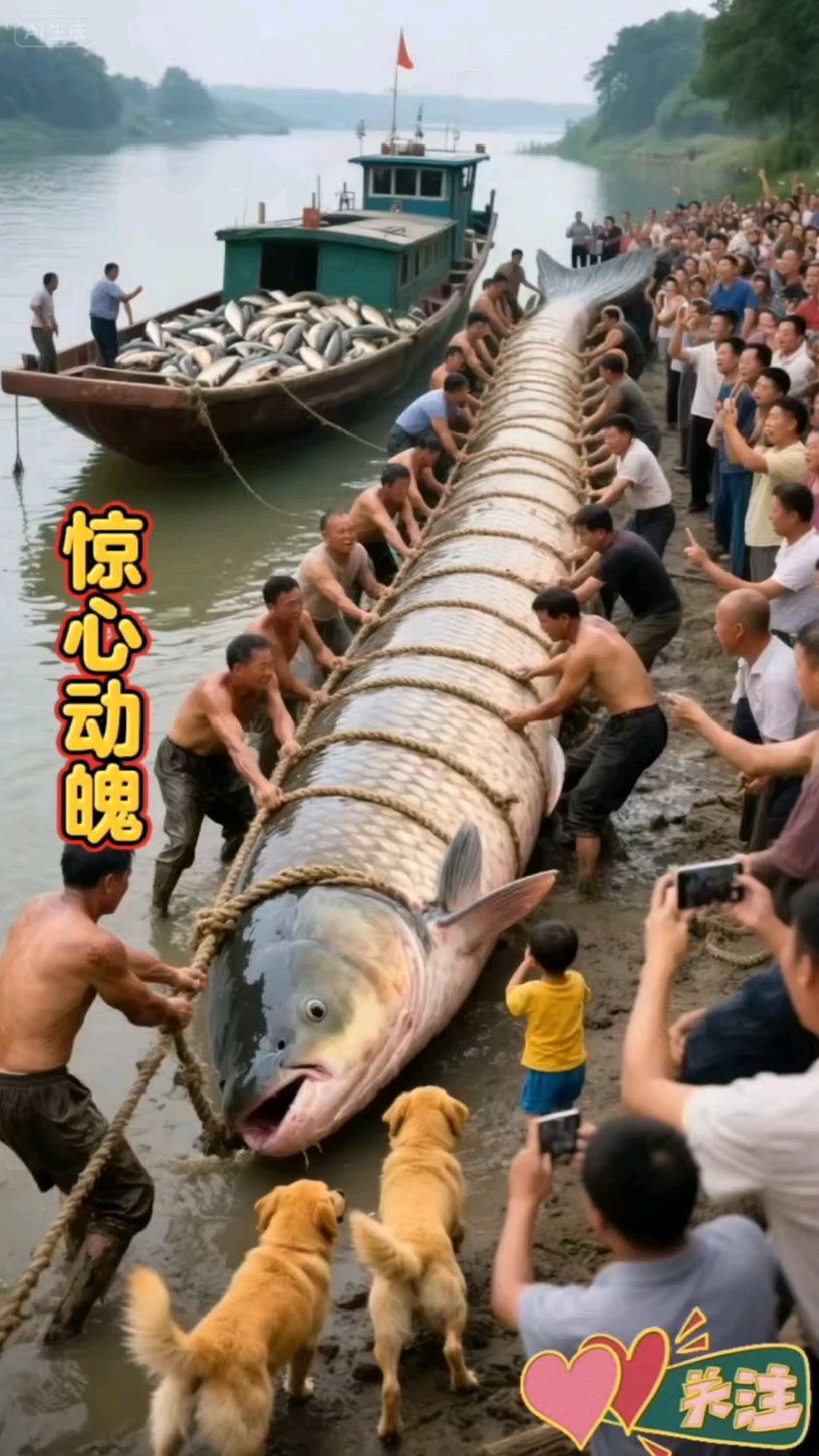 惊心动魄！乡村河中惊现巨型草鱼，数百村民目睹惊险捕捉战！