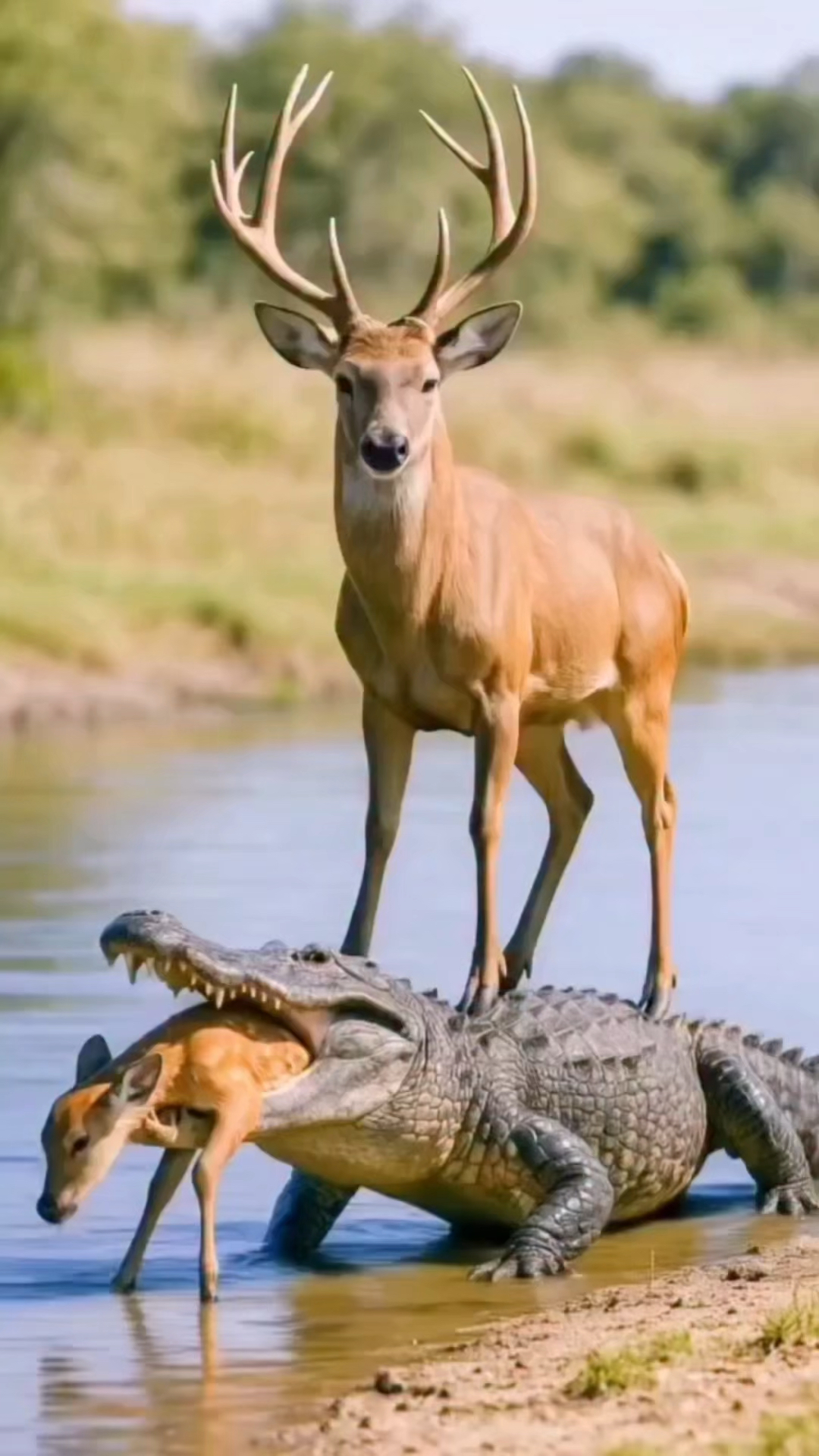 小鹿被鳄鱼咬住,鹿妈妈来帮忙