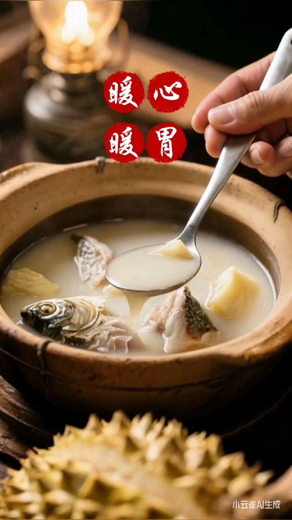 养生榴莲芯煲鲫鱼汤,温补甘甜,具有很好的健脾暖胃。