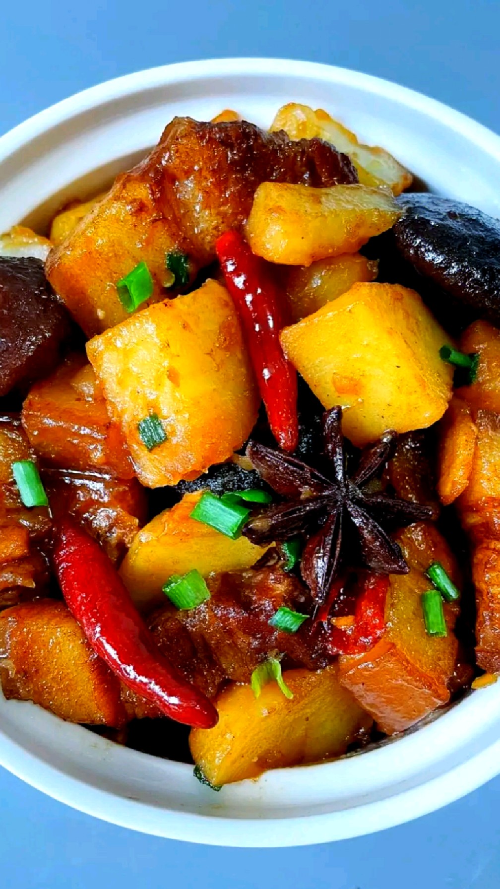 五花肉炖土豆的美味打开方式，色泽红亮，肉质软烂，土豆绵软。