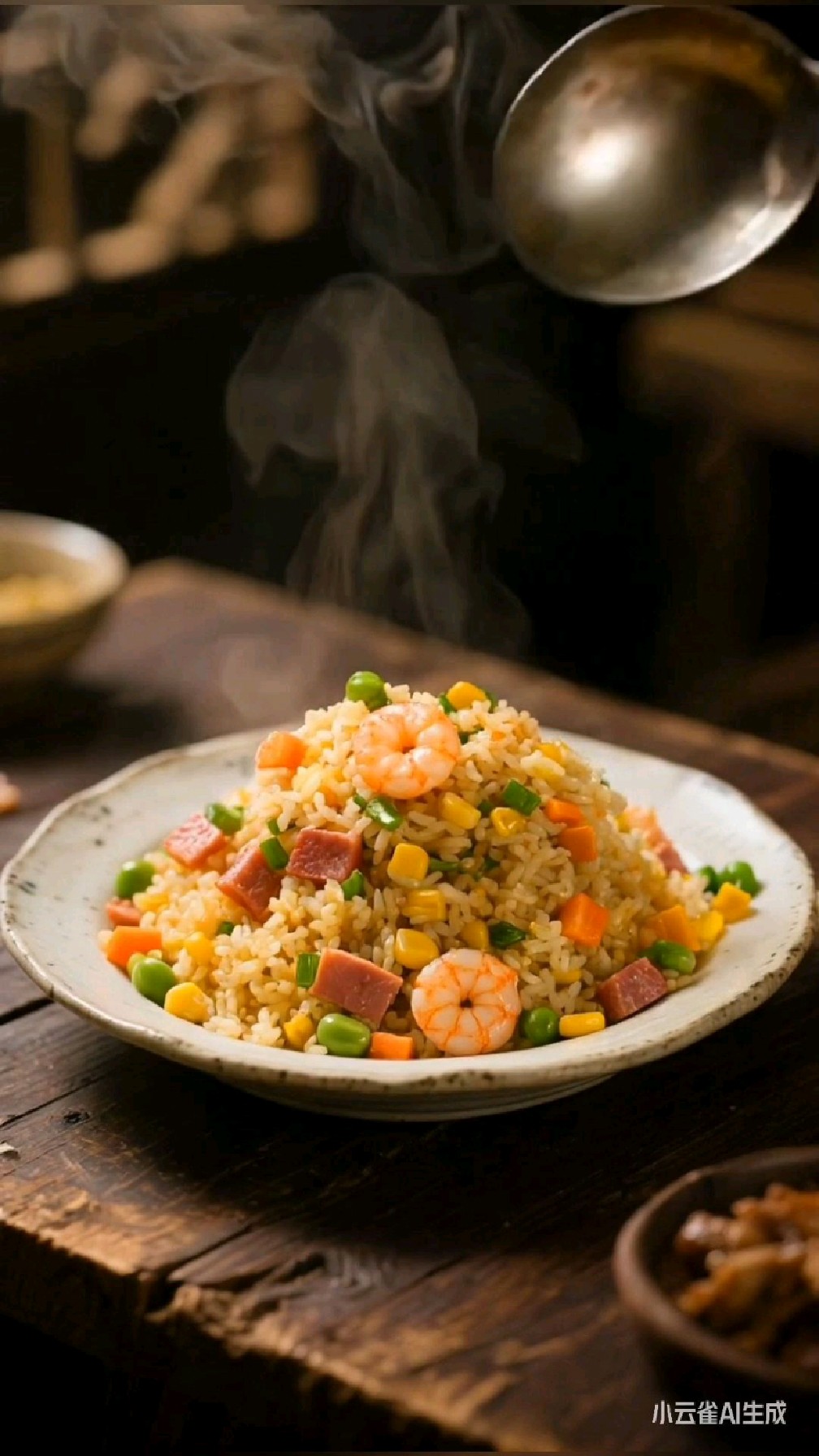 扬州炒饭的美味打开方式，以其色泽金黄、颗粒分明鲜香可口闻名。