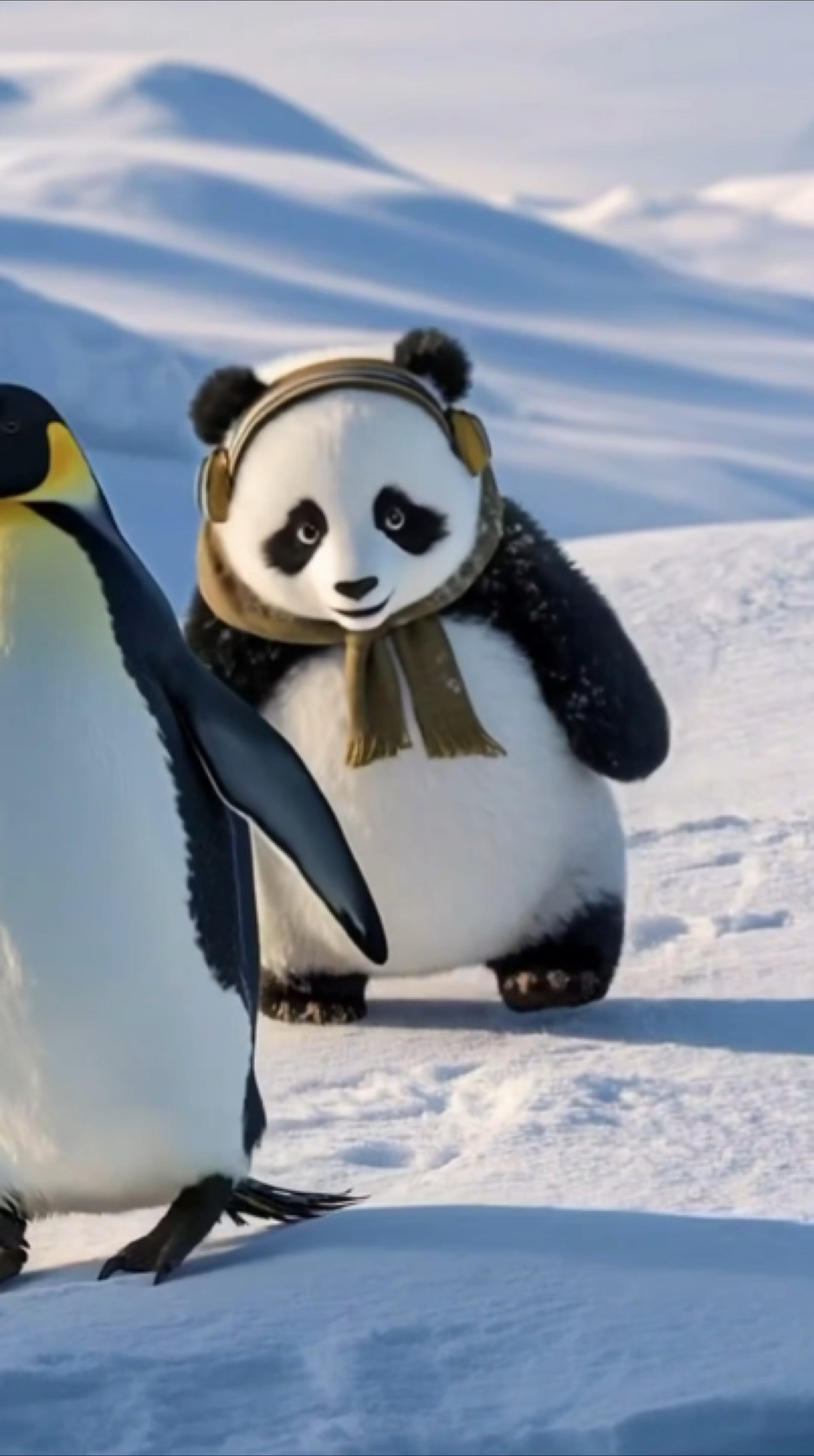 小熊猫跟着企鹅学走路,一走一摆,画面可爱又治愈!