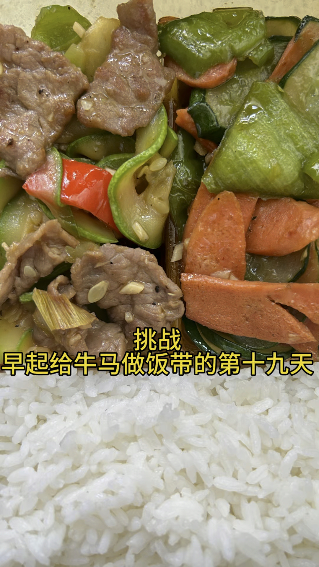 挑战早起给牛马做饭带的第十九天,西葫芦炒牛肉,黄瓜炒火腿肠