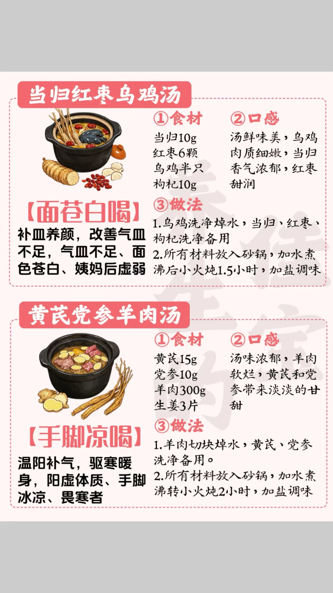 当归红枣乌鸡汤,黄芪党参羊肉汤
