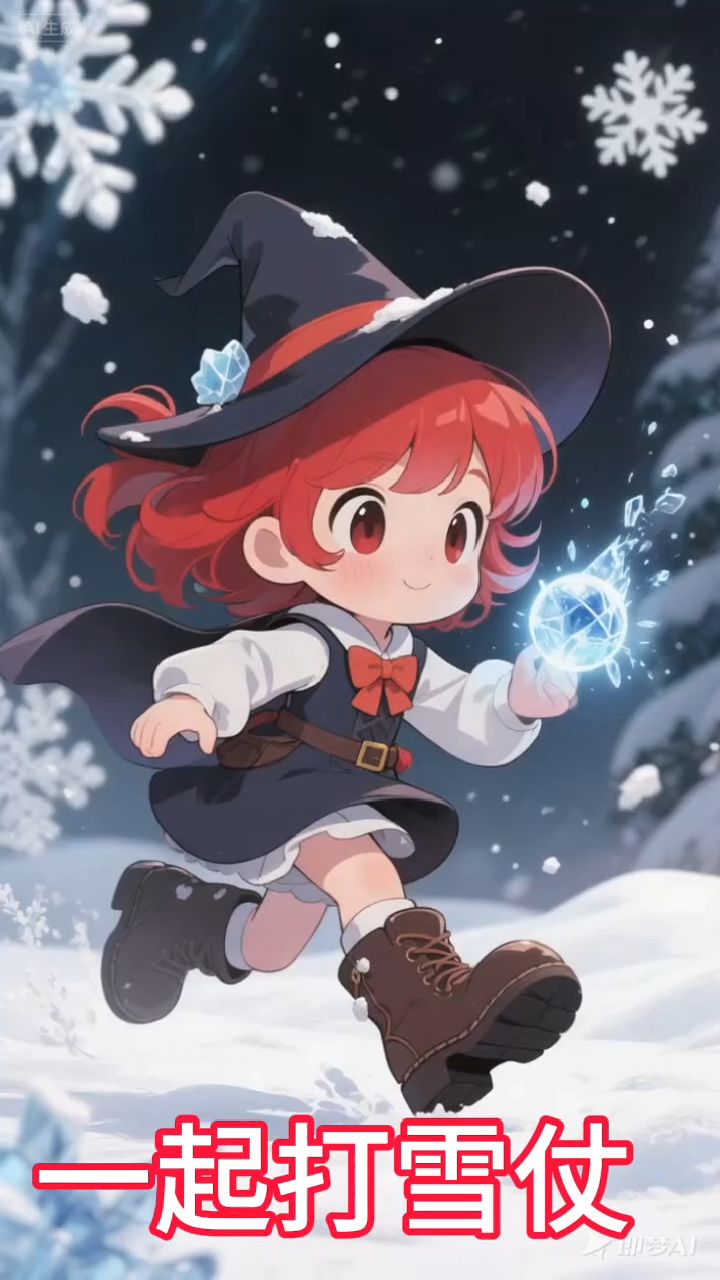 快乐的卡通女孩在雪地里奔跑