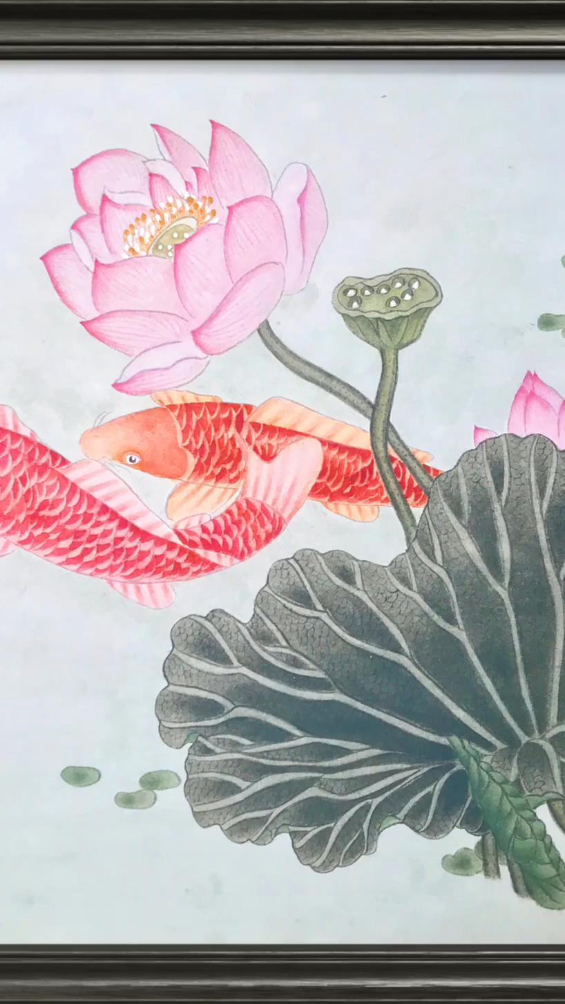 工笔画荷花锦鲤图