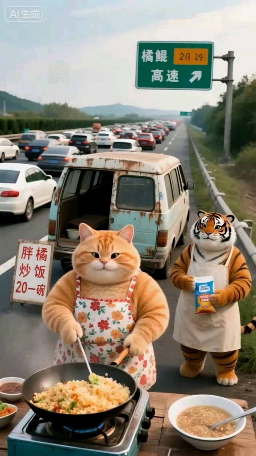 国庆高速堵车!橘猫胖虎卖炒饭!赚麻了...