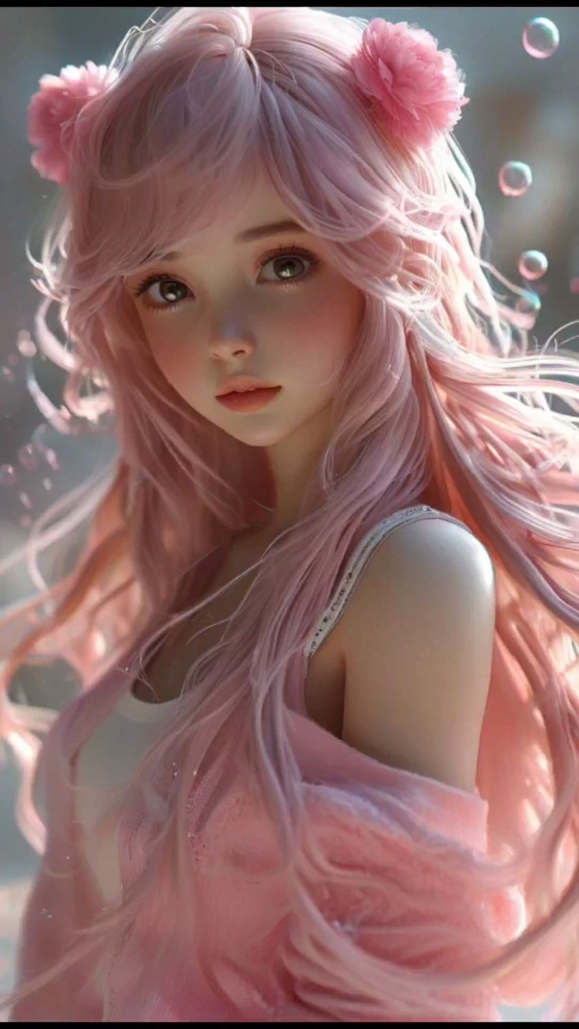 AI绘图,手机壁纸,二次元美少女,粉红色的回忆