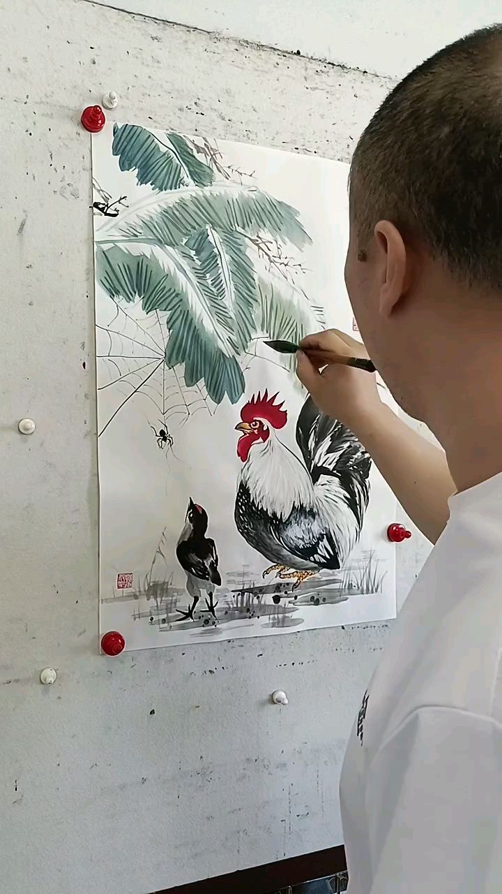 王兴民国画公鸡:画公鸡