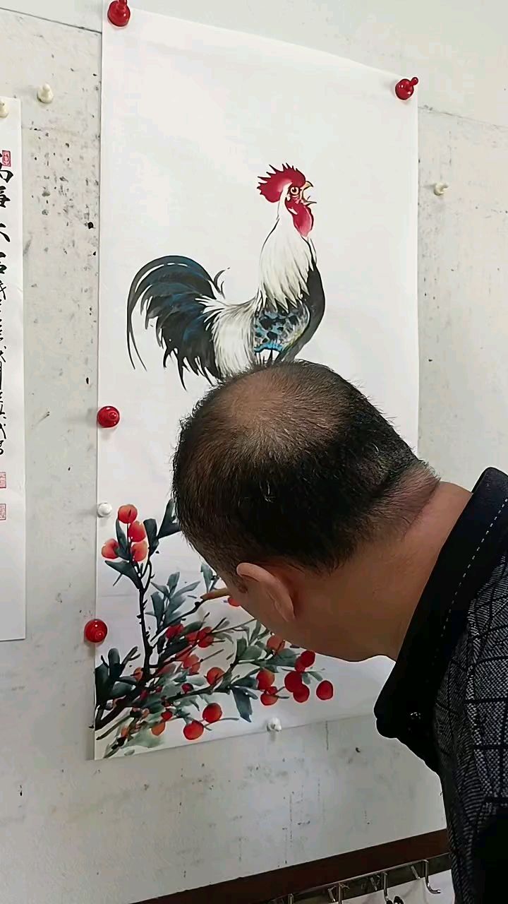 王兴民国画公鸡作品欣赏纯手工绘画技巧