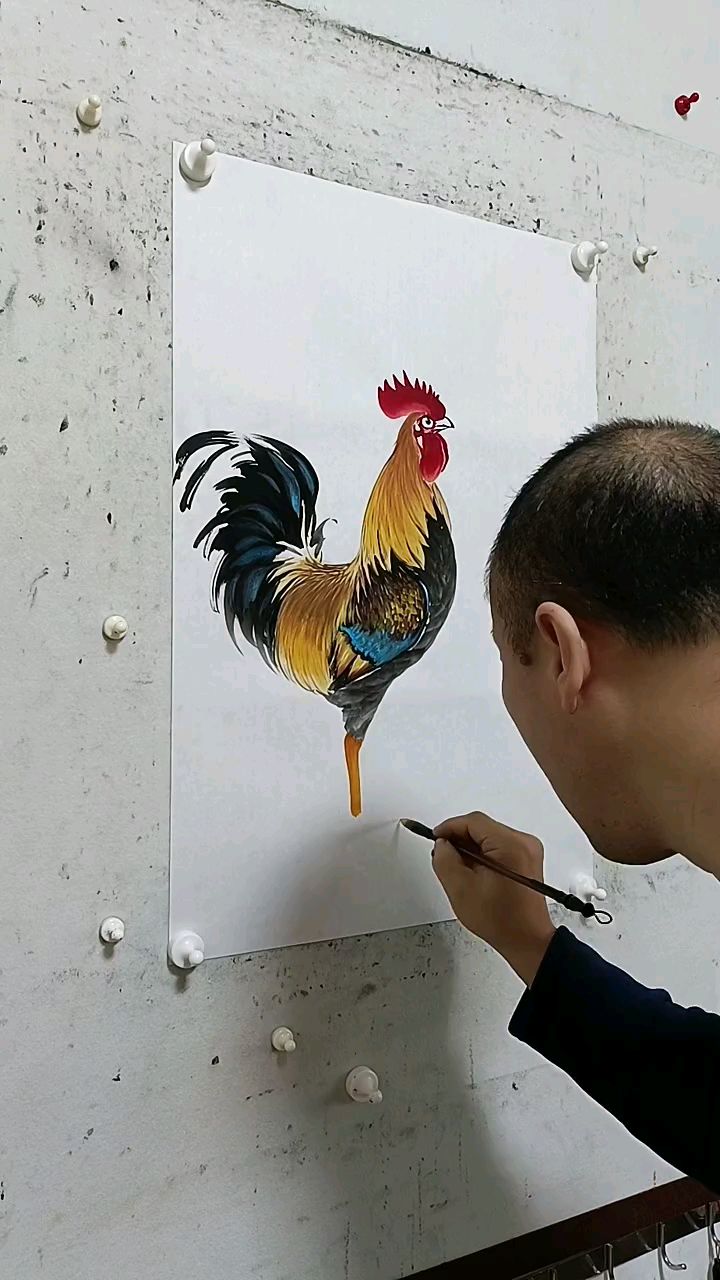 王兴民国画公鸡作品欣赏纯手工绘画技巧独一无二