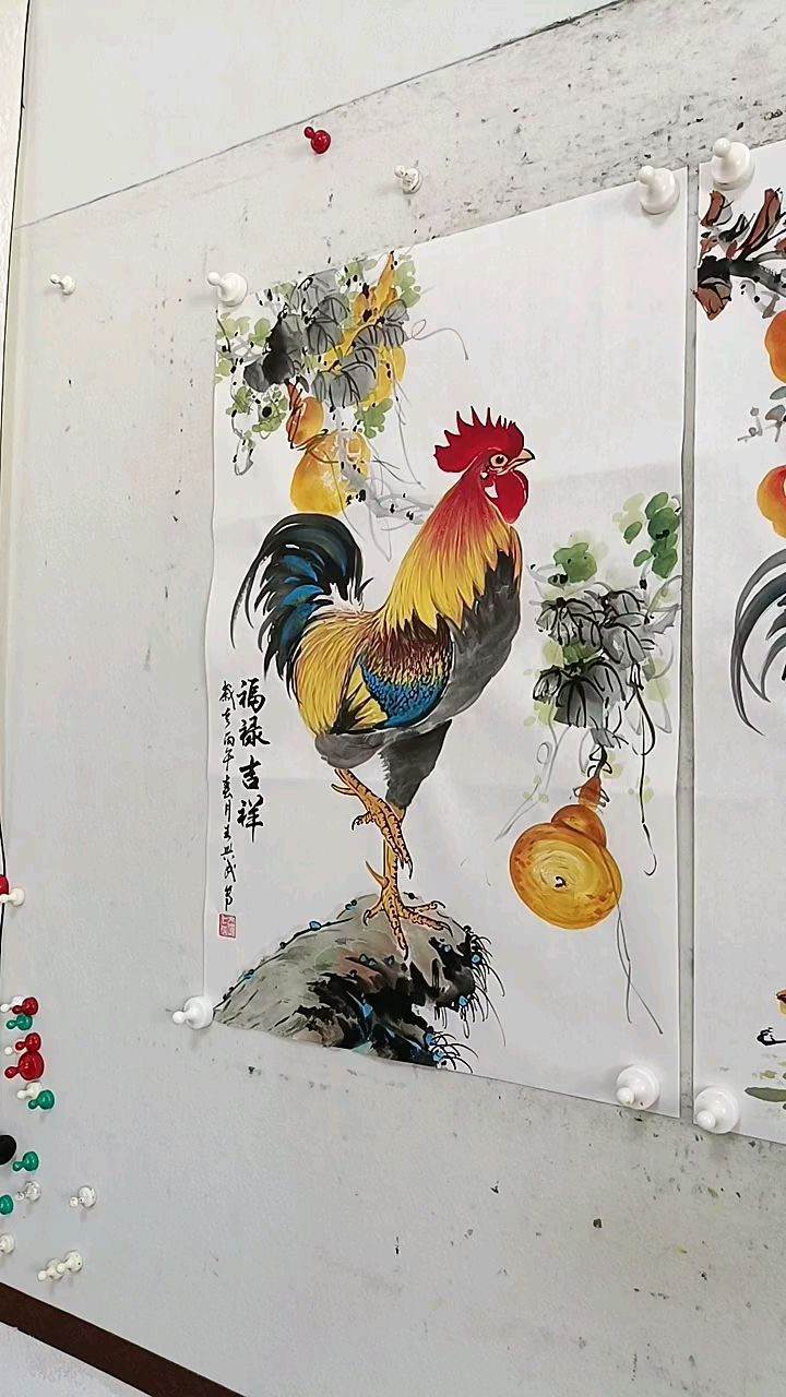 王兴民国画公鸡作品欣赏纯手工绘画技巧独一无二