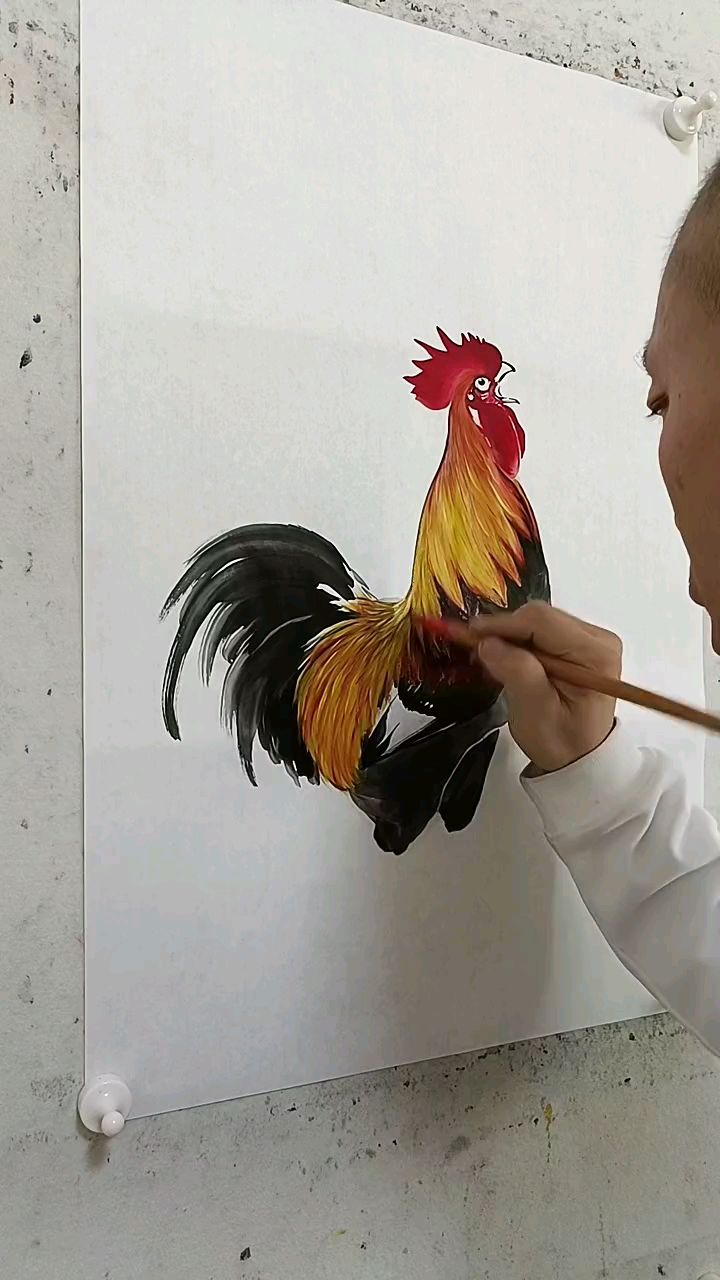 王兴民国画公鸡作品欣赏纯手工绘画技巧独一无二专业画公鸡