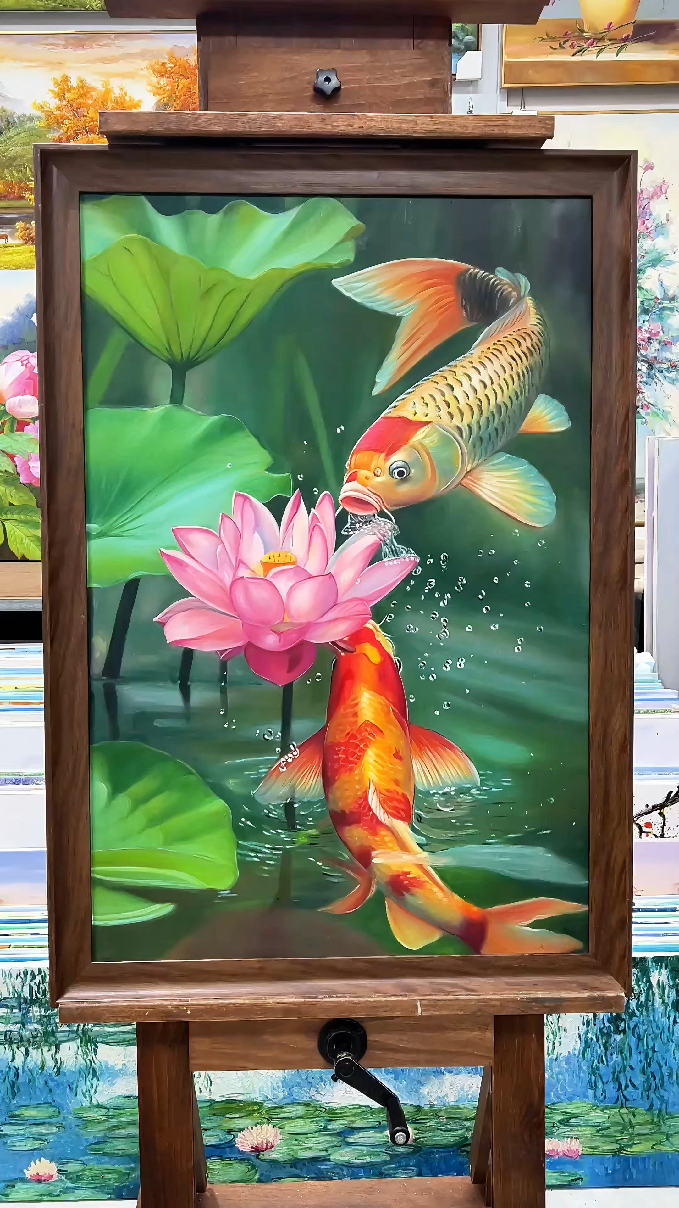 油画手绘艺术锦鲤荷花