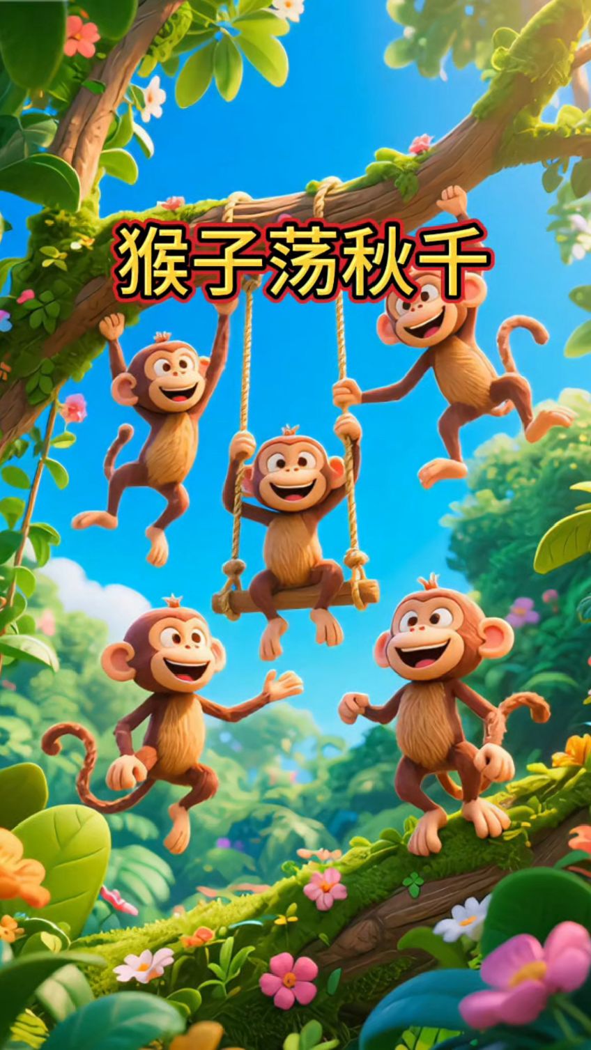 5只猴子荡秋千,嘲笑鳄鱼被水淹