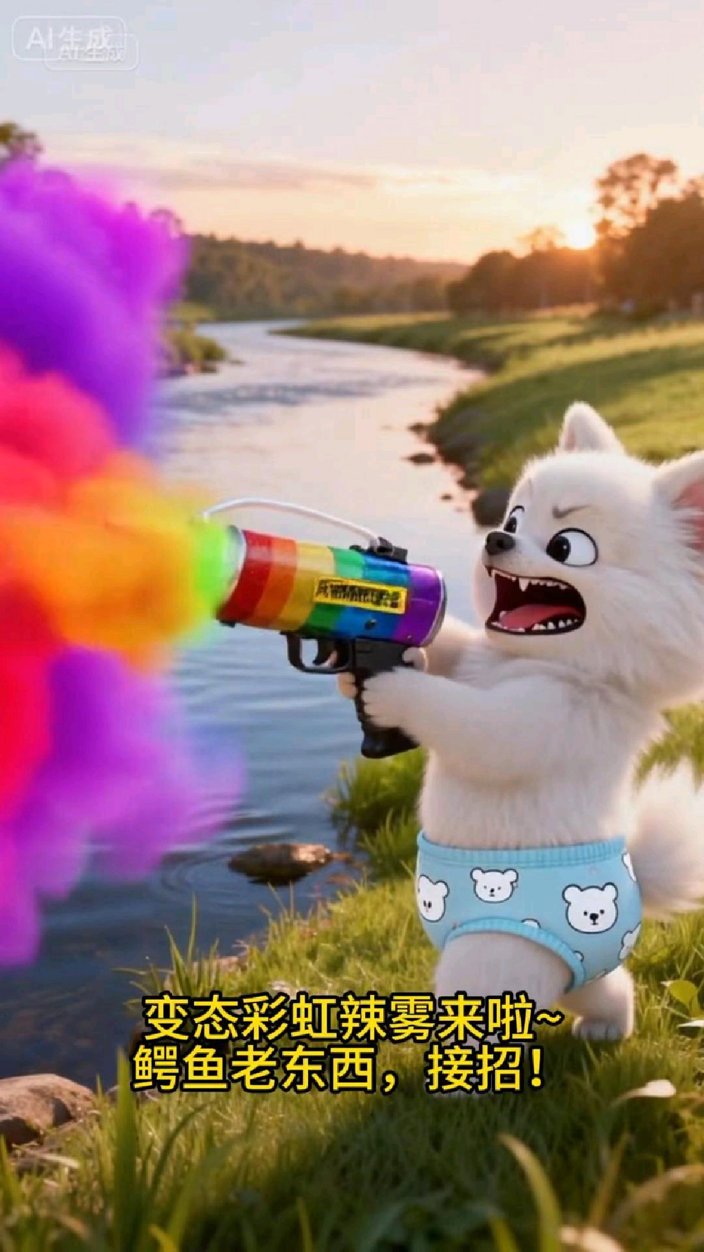 老虎喝水被鳄鱼偷袭？小短腿扛变态彩虹辣雾枪救场！