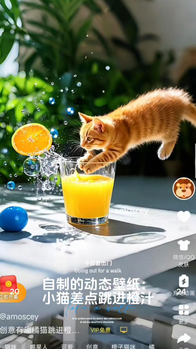自制的动态壁纸:小猫差点跳进橙汁(AI壁纸)